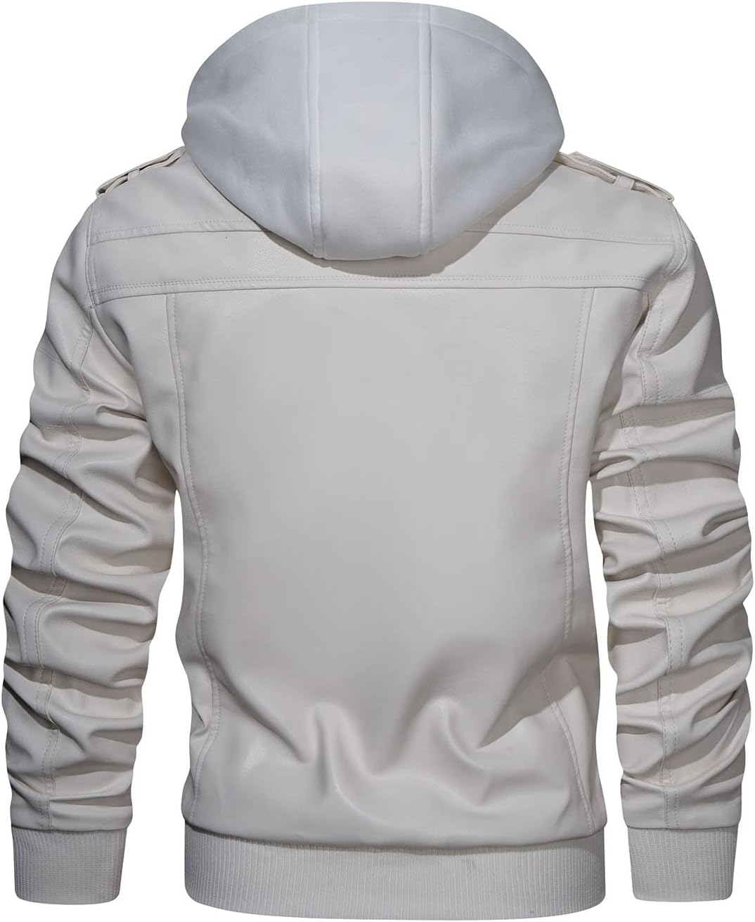Men’s Warm White PU Leather Motorcycle Jacket with Removable Hood