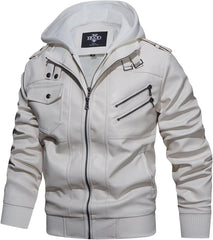 Men’s Warm White PU Leather Motorcycle Jacket with Removable Hood