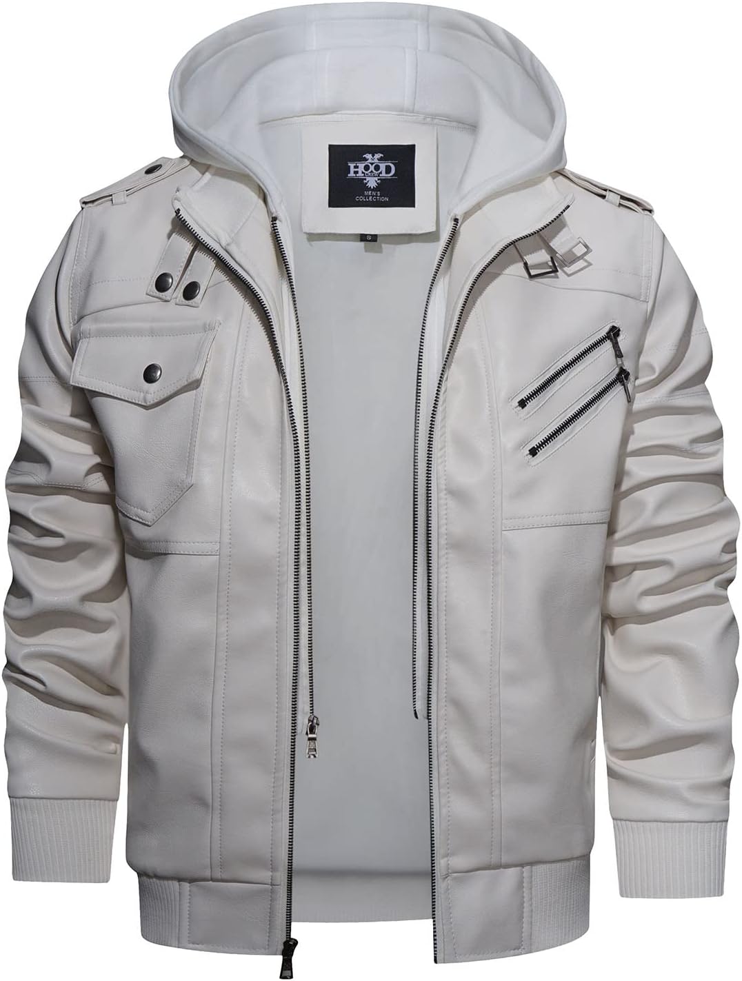 Men’s Warm White PU Leather Motorcycle Jacket with Removable Hood