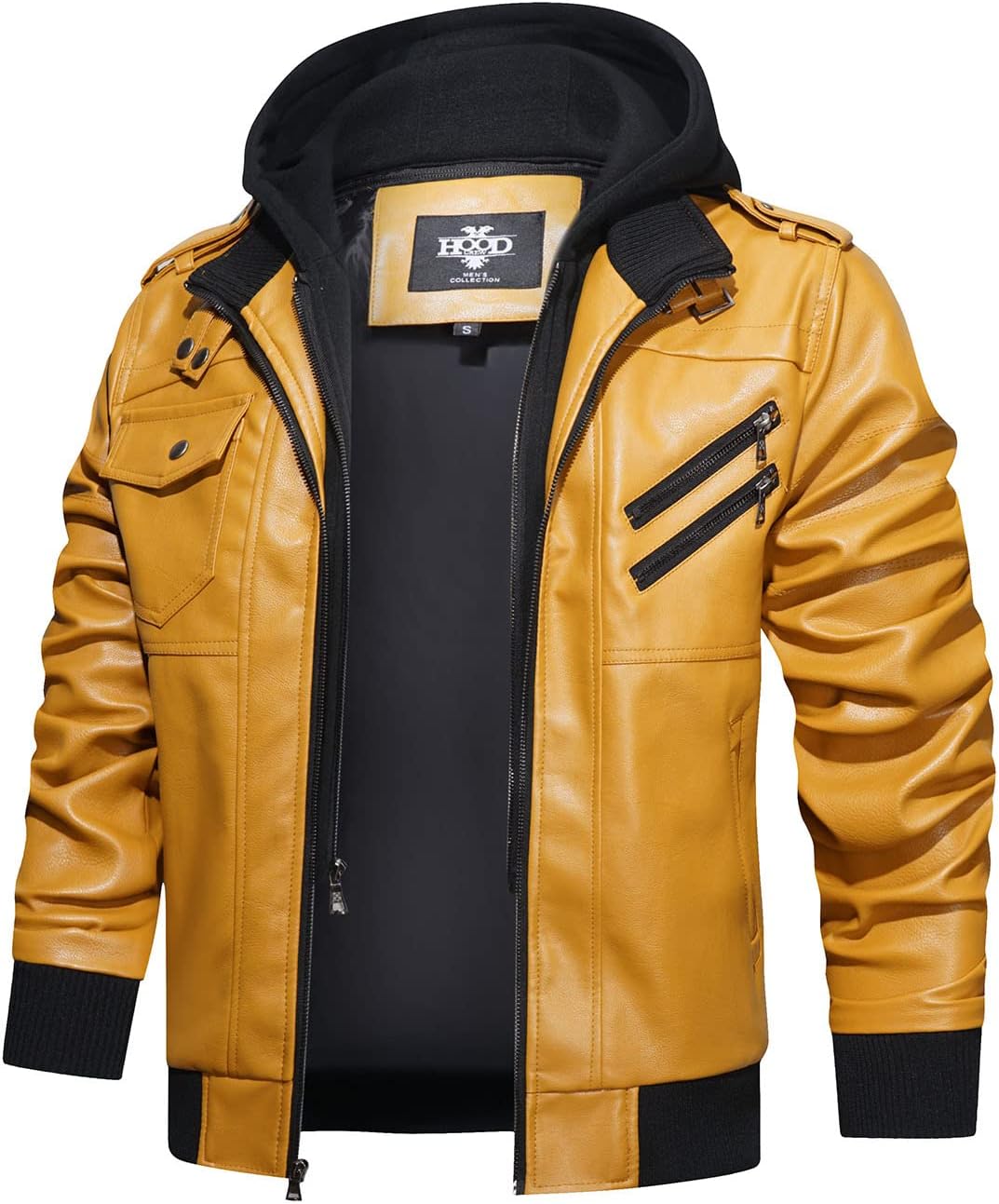 Men’s Warm Yellow PU Leather Motorcycle Jacket with Removable Hood