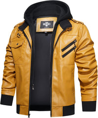 Men’s Warm Yellow PU Leather Motorcycle Jacket with Removable Hood
