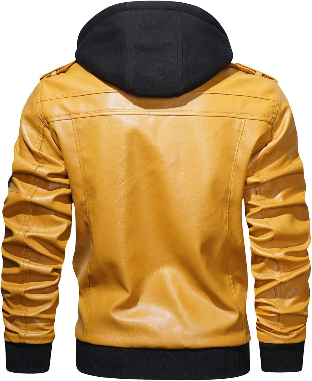 Men’s Warm Yellow PU Leather Motorcycle Jacket with Removable Hood