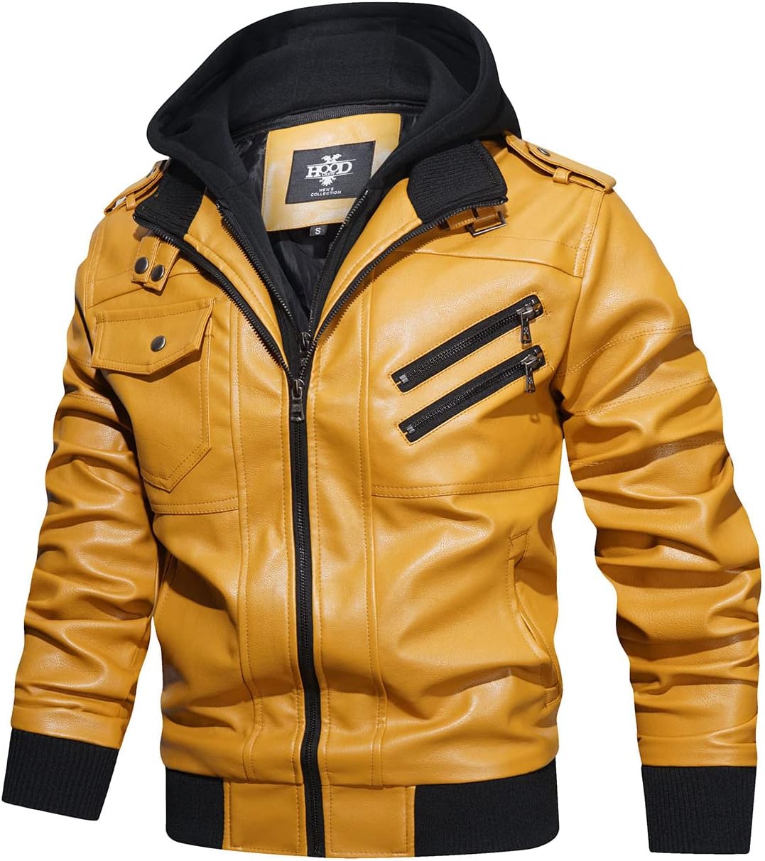 Men’s Warm Yellow PU Leather Motorcycle Jacket with Removable Hood