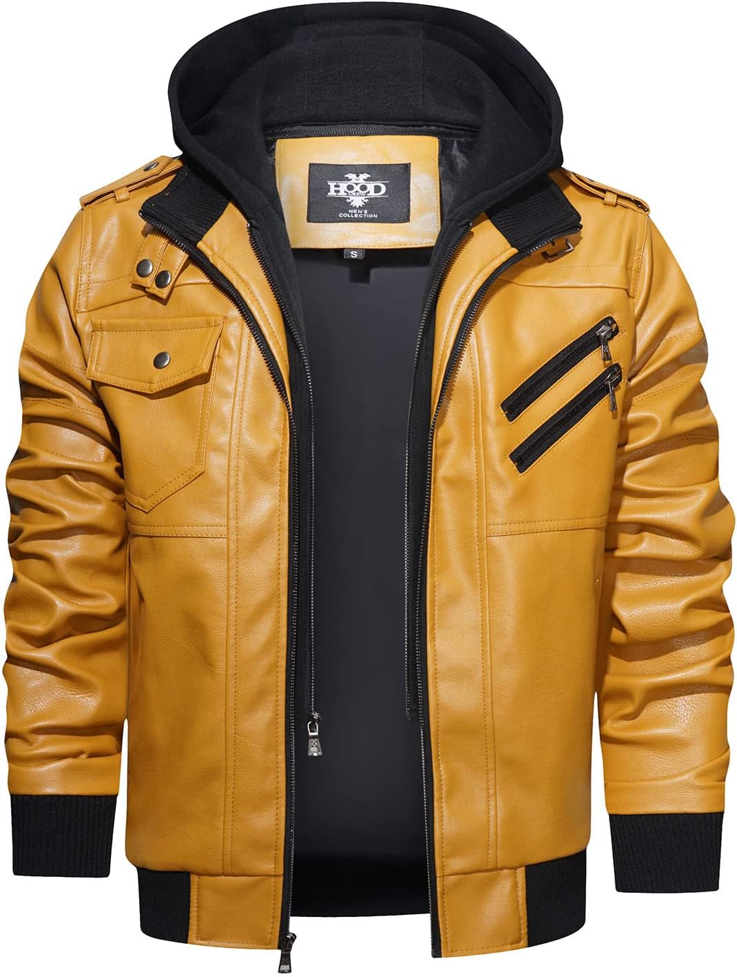 Men’s Warm Yellow PU Leather Motorcycle Jacket with Removable Hood