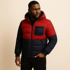 Men’s Red & Navy Hooded Puffer Jacket – Quilted Winter Coat